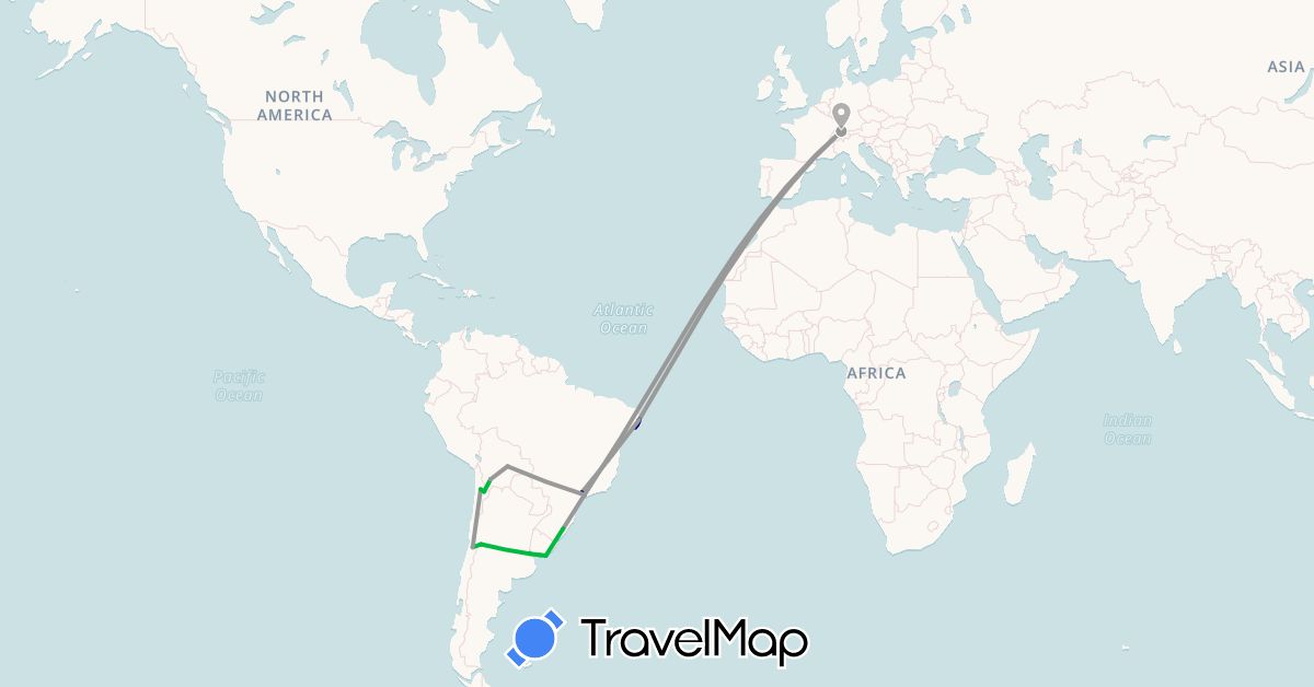 TravelMap itinerary: driving, bus, plane in Argentina, Bolivia, Brazil, Switzerland, Chile, Uruguay (Europe, South America)